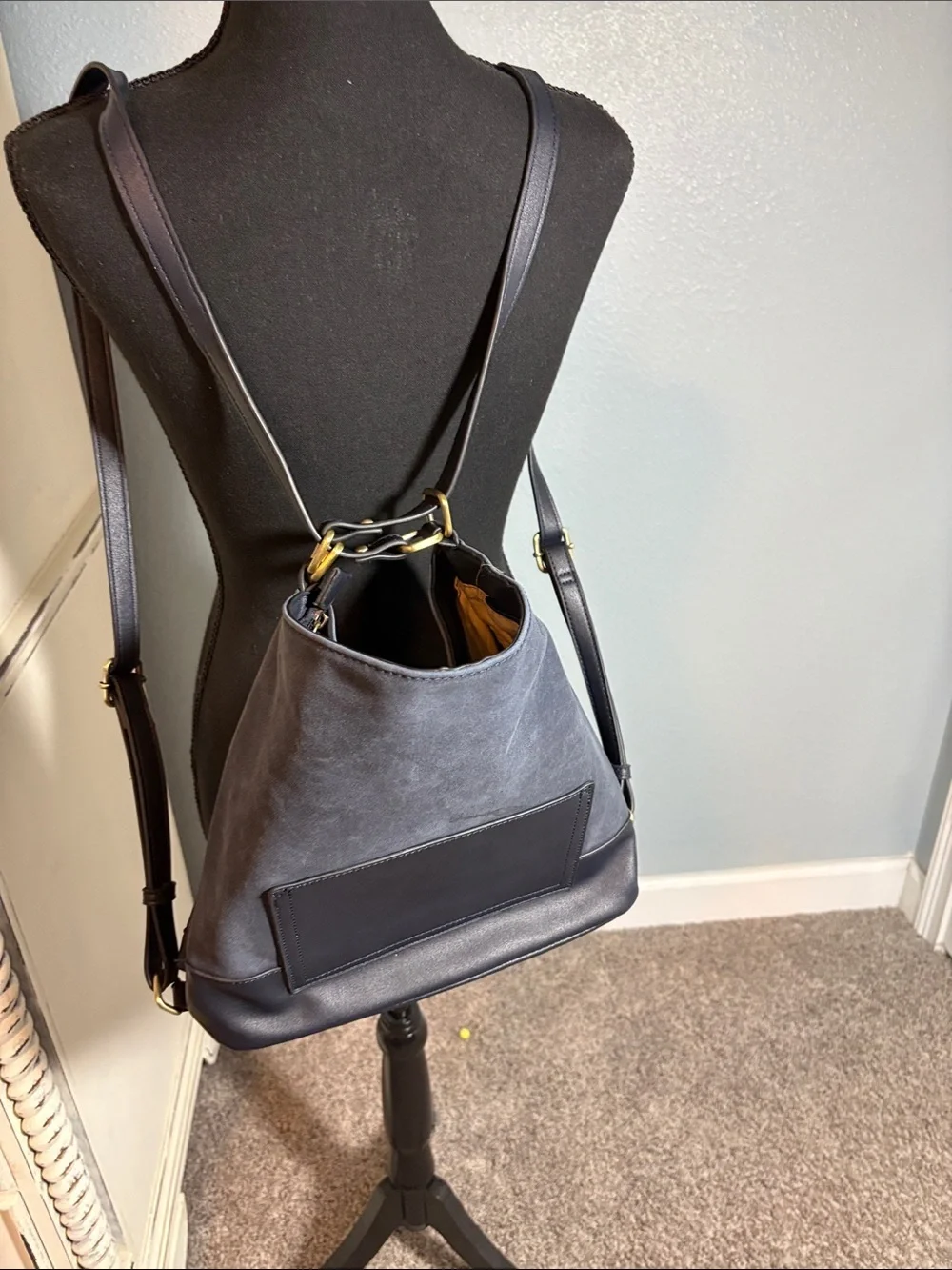 Classic Navy Suede & Leather Hobo Shoulder Bag